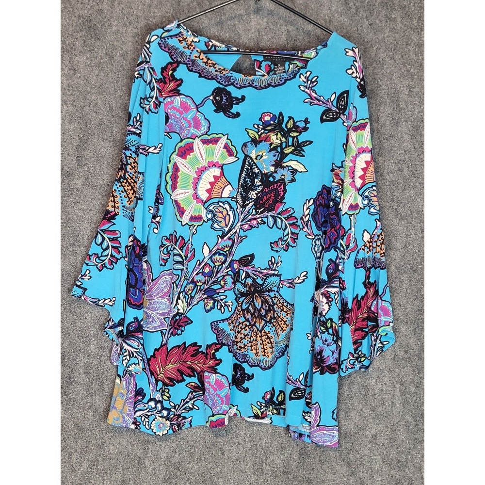Grace Elements Woman 1X Blue Floral Paisley Bell Sleeve Keyhole Back Blouse